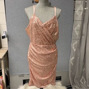 Rose Gold Sequin Ruched Midi Dress – Size XL